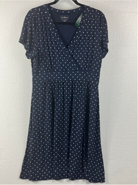 L.L.Bean Summer Knit Navy Polka Dot Short Sleeve Dress size Large P